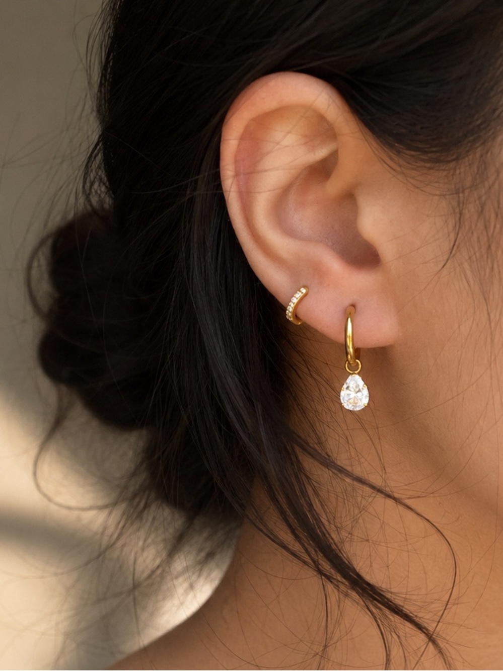 18K Gold Plated Teardrop Crystal Huggie Hoop Earrings Stainless Steel
